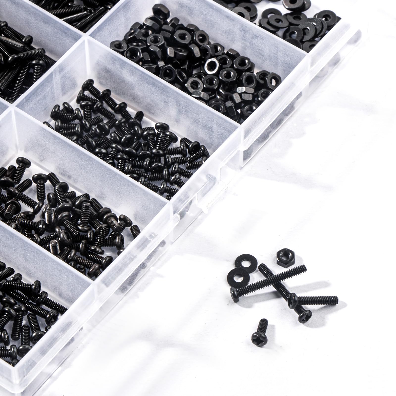 1250PCS Black Nylon Screws & Nuts Assortment - M2 M3 M4 M5 M6 Metric Phillips Bolts Kit