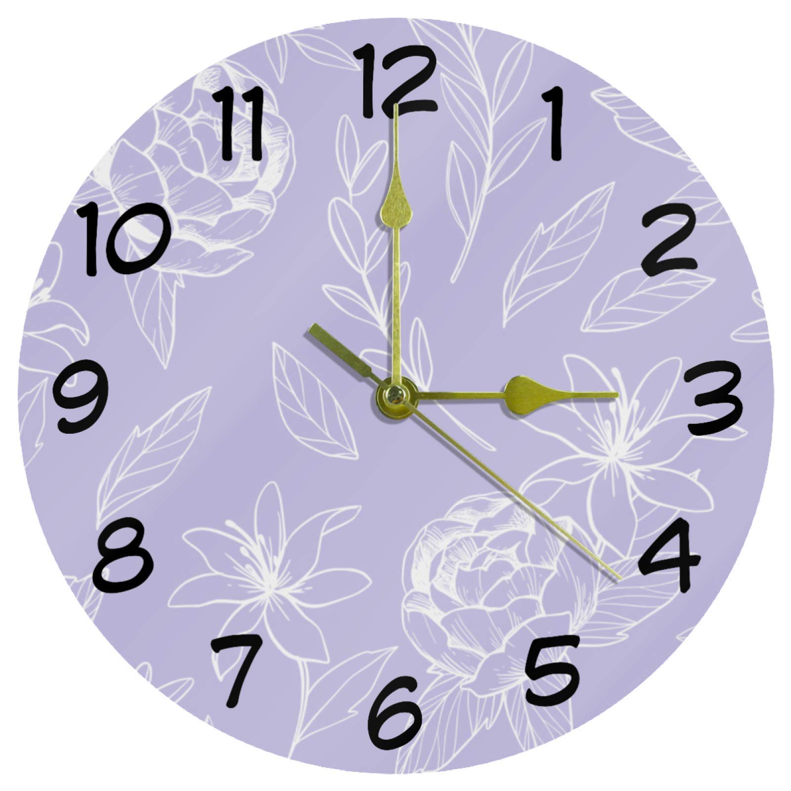 Eslifey Floral Purple Wall Clock Home Decor Acrylic Round Clock Non Ticking Silent Clock for Bedroom, Kitchen, Dining Room, Office&Living Room
