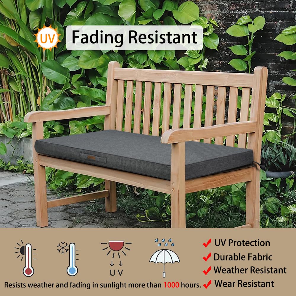 Magpie Fabrics Outdoor Bench Cushion 42 x 18 Inch, Waterproof Fade Resistant Patio Garden Loveseat Sofa Settee Couch Swing Pads with Carry Handle and Ties, Heather Grey