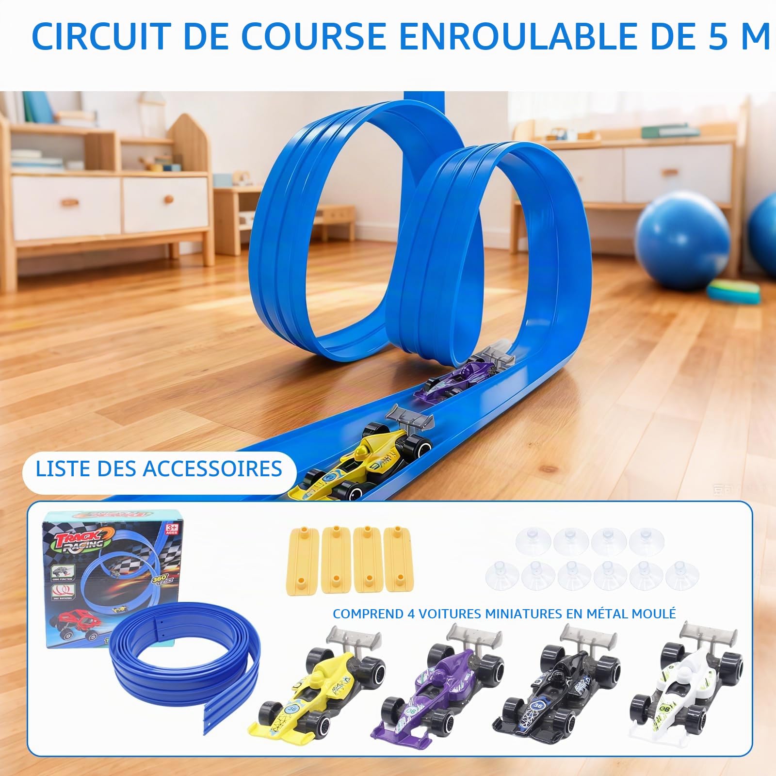 Circuit Voiture Enfant 5M, Jouet de Piste de Course Portable, Jeu de Course Automobile, Jouet de Voiture, Piste de Course Portable Double Voies pour Enfants de 3+ Ans
