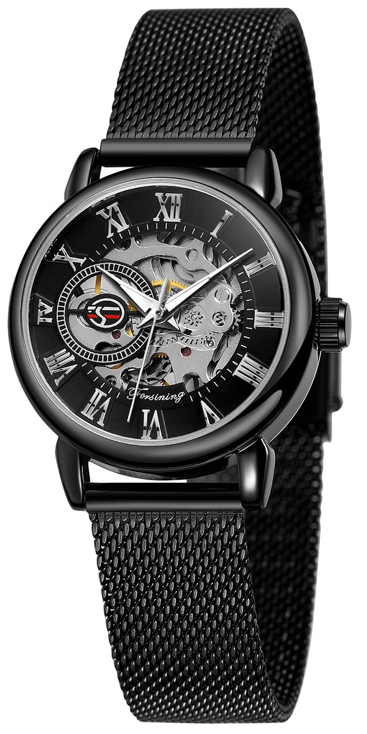 Gosasa Orologio da polso da donna con scheletro, alla moda, meccanico, a carica manuale, cinturino in rete, numeri romani, casual, orologio da polso
