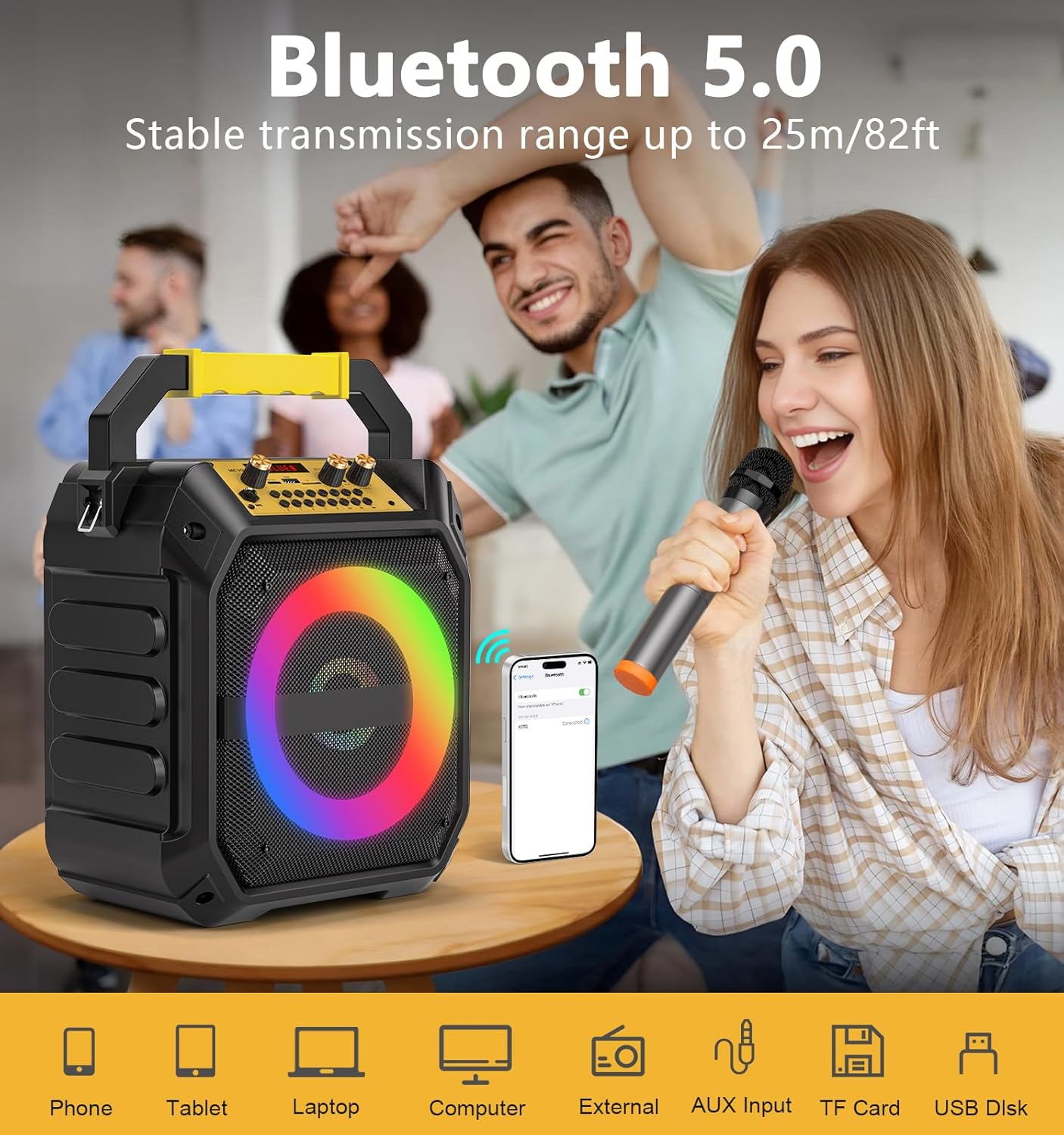 Karaoke Machine with Bluetooth and 2 Wireless Microphone for Adults & Kids, Portable Karaoke Speaker with TWS Mode, PA System, LED Light, REC, FM Radio, AUX, USB, TF Card for Home Party