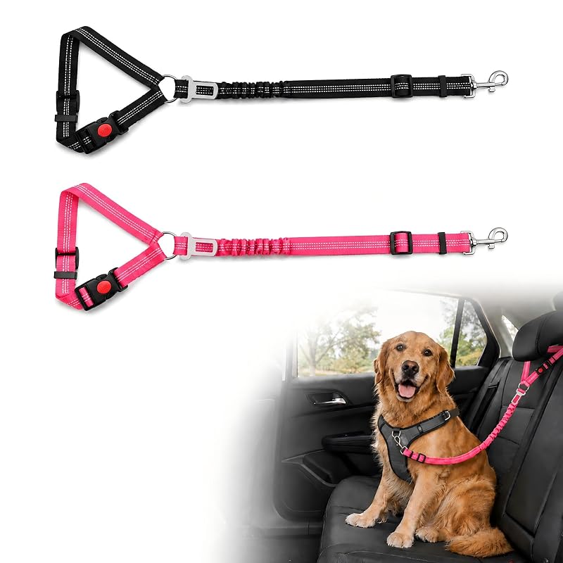 Cinto de Segurança para Cães para Carro 3 em 1 Ajustável GTOGNLU Rosa + Preto, Pacote com 2