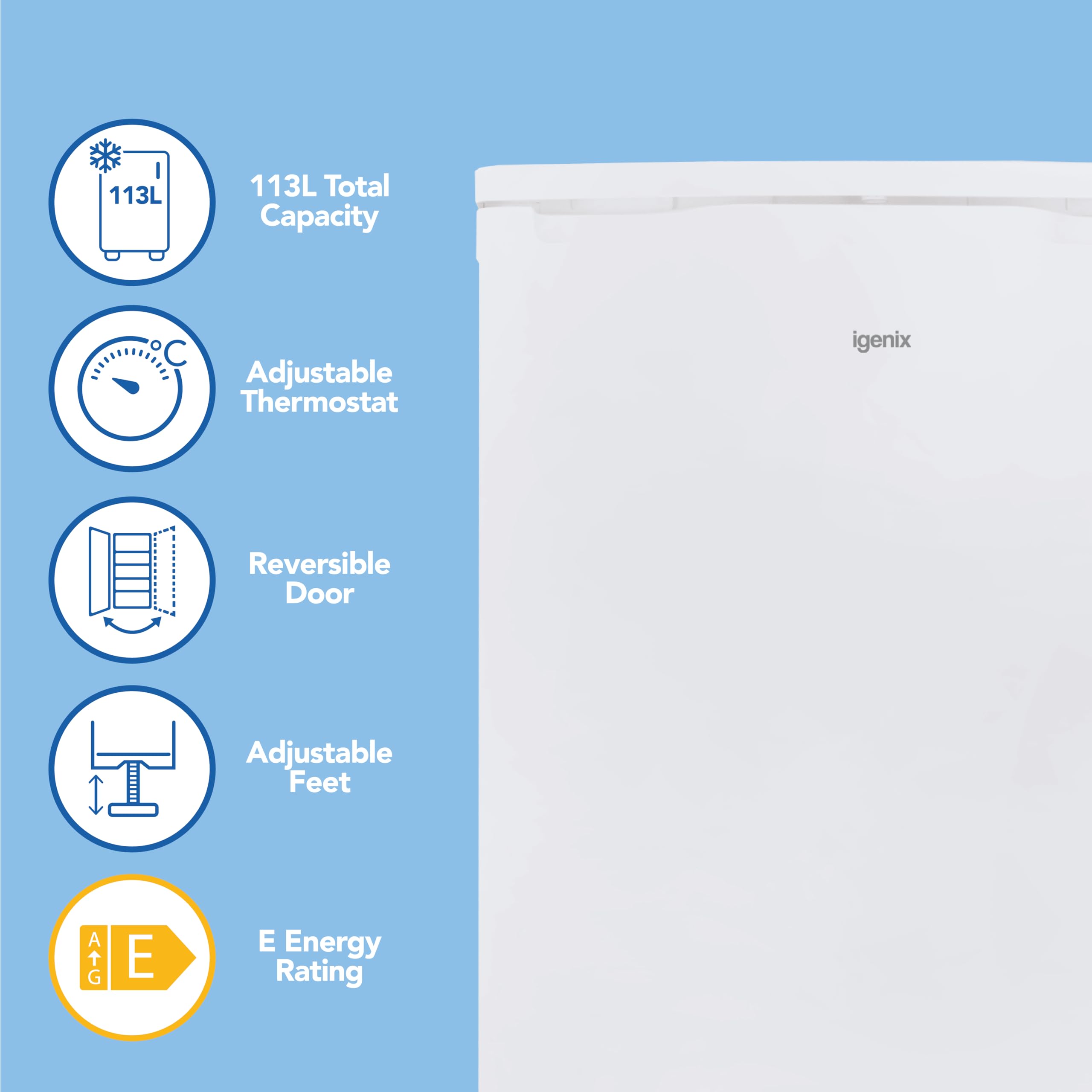 Igenix IG155W Freestanding Under Counter Fridge With 2 Adjustable Shelves, 1 Salad Drawer, 3 Door Shelves, Reversible Door, 97 Litre Capacity Fridge, 16 Litre Ice Box, 55 cm Wide, White — view 2
