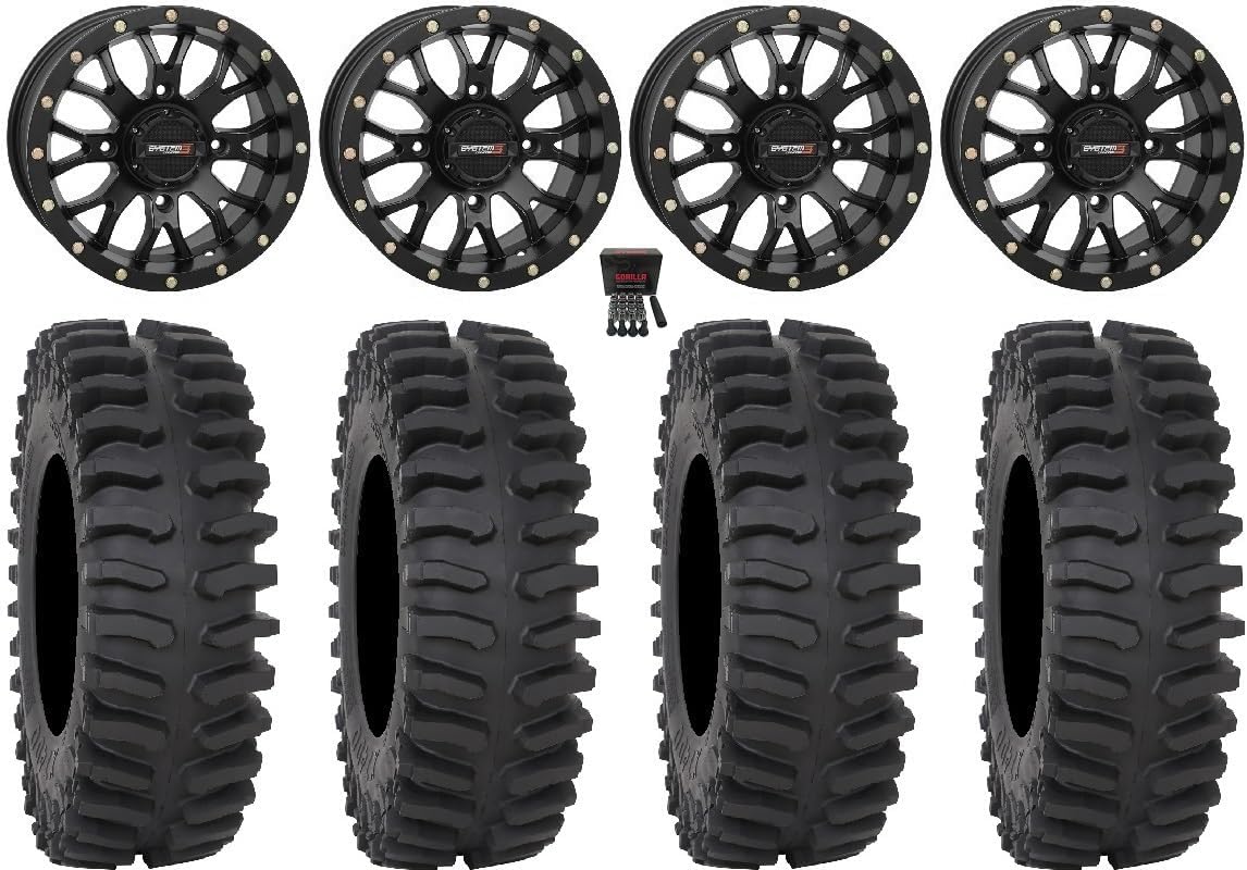 Bundle - 9 Items: System 3 ST-3 Black 15" Wheels 32" XT400 Tires [4x156 Bolt Pattern 12mmx1.5 Lug Kit]