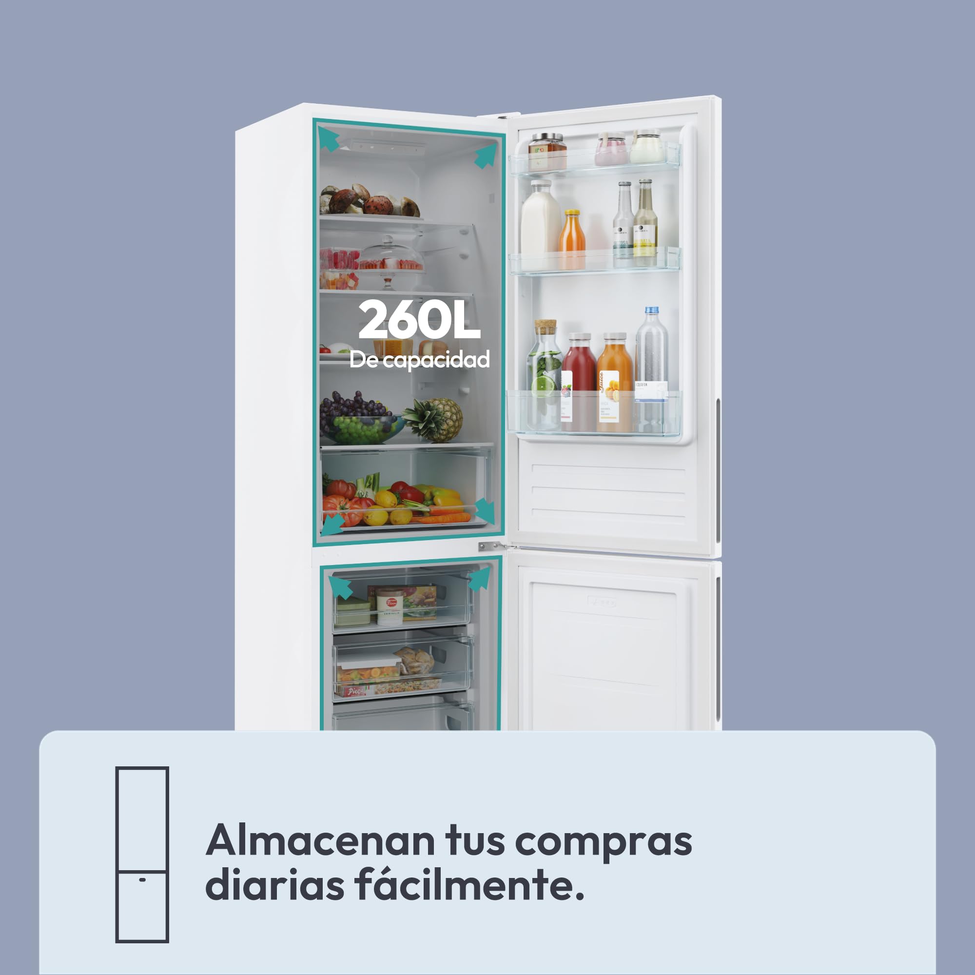 CANDY CCT3L517EW, Frigorífico Combi, 55CM, Altura 1,77m, 260L, Low Frost, Función SuperCool, Cajón Verdulero, Control electrónico interno, LED, Puertas Reversibles, 39DB, Clase E, Blanco