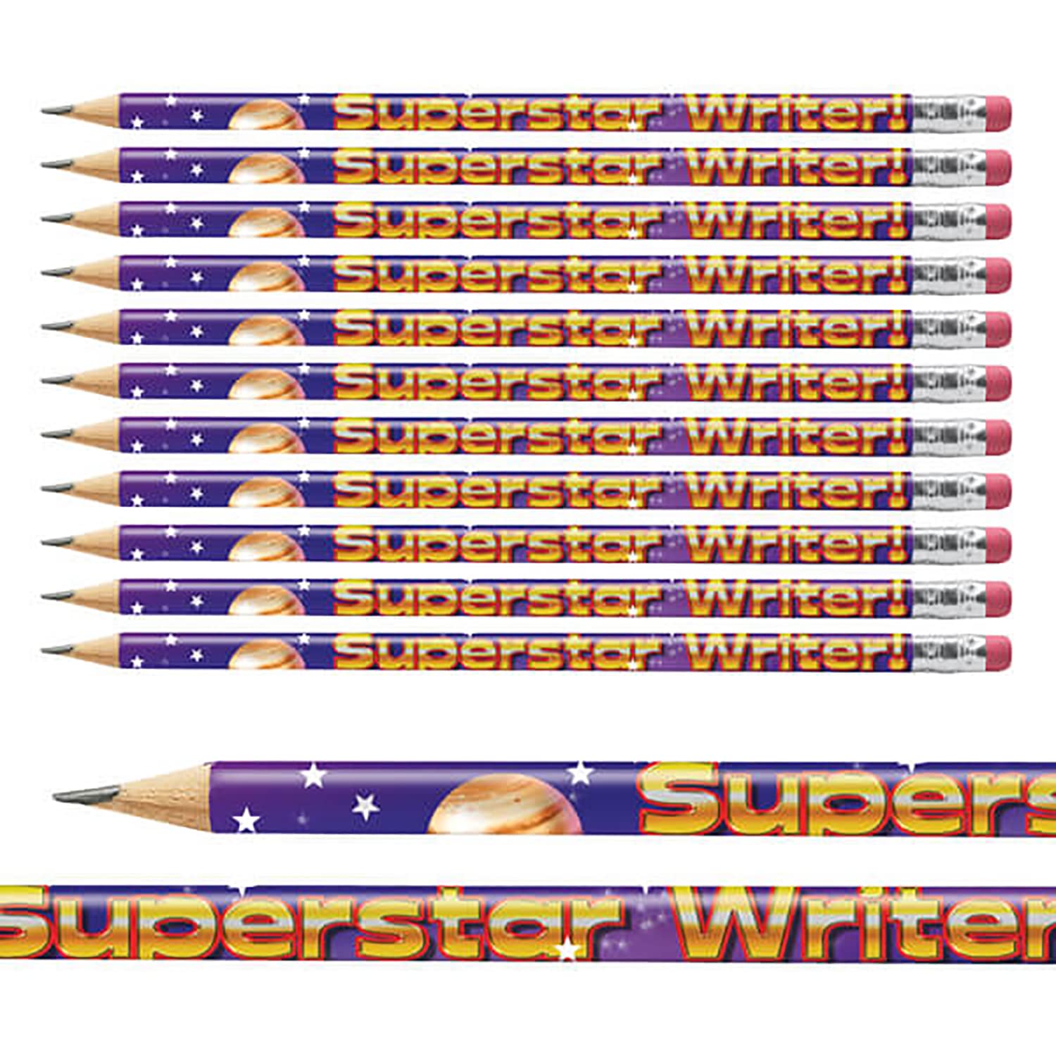12 Superstar Writer Galaxy Space Childrens Pupils School Teachers Reward Pencils Primary Teaching Services โ image 1