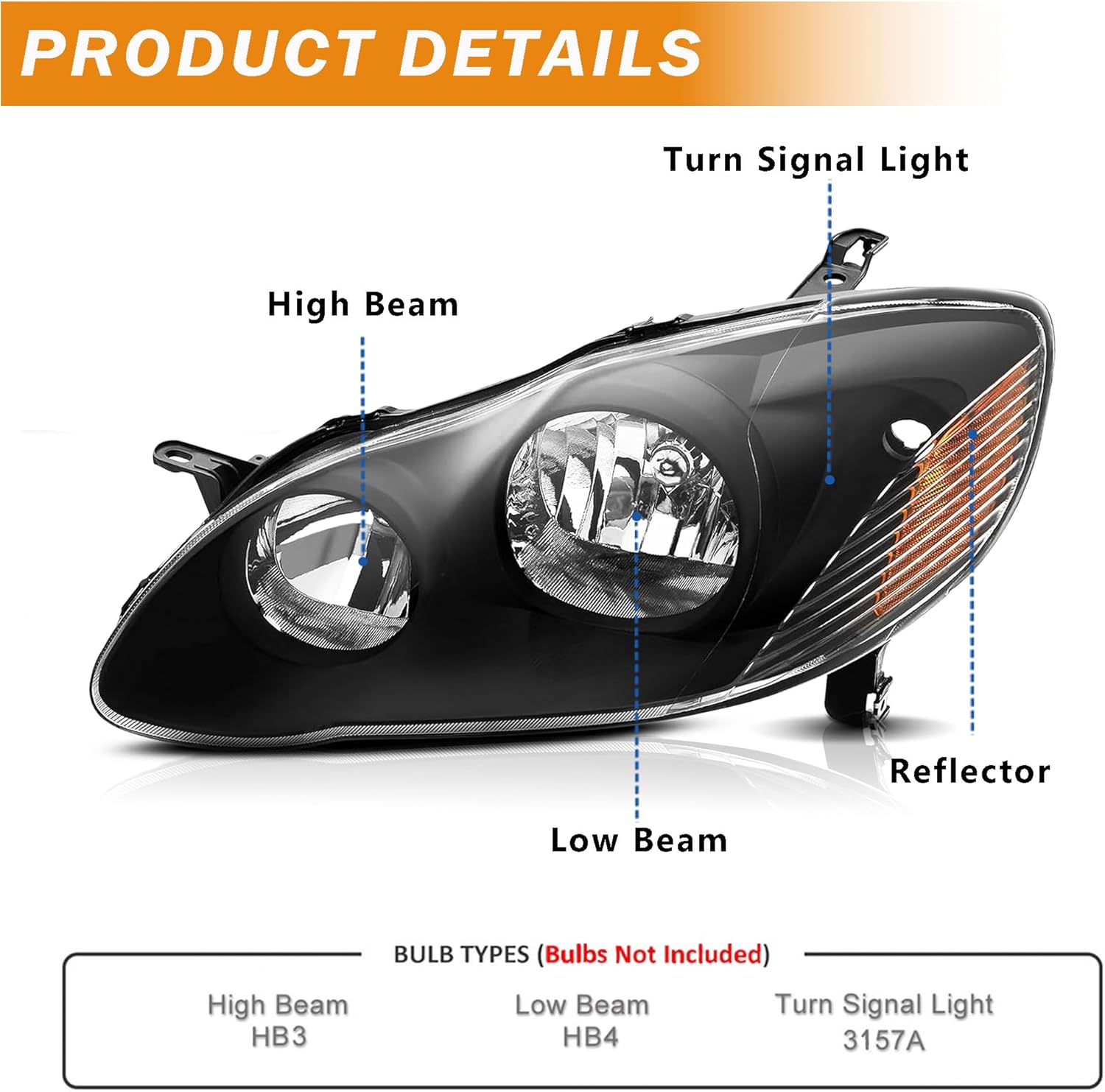 Headlights Assembly Compatible with 2003 2004 2005 2006 2007 2008 Toyota Corolla Halogen Headlamp Pair, Black Housing