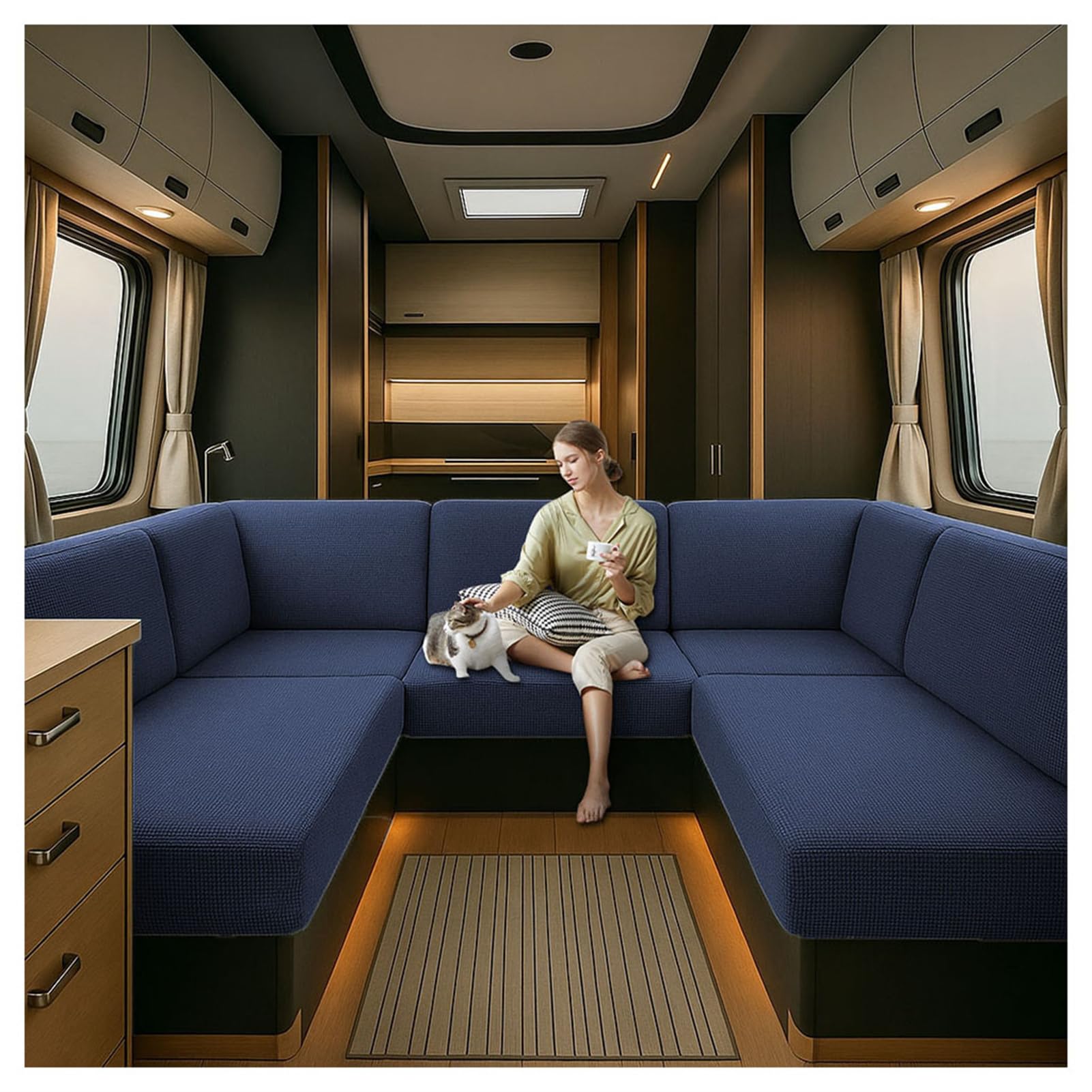 Caravan Seat Cover Waterproof Stretch Jacquard, Non-slip RV Dinette Cushion Covers with 2 Straps with Elastic Straps Multi-Size Fit for Camper, Motorhome & Indoor (blue1,W 95-115 cm, D 45-65 cm)