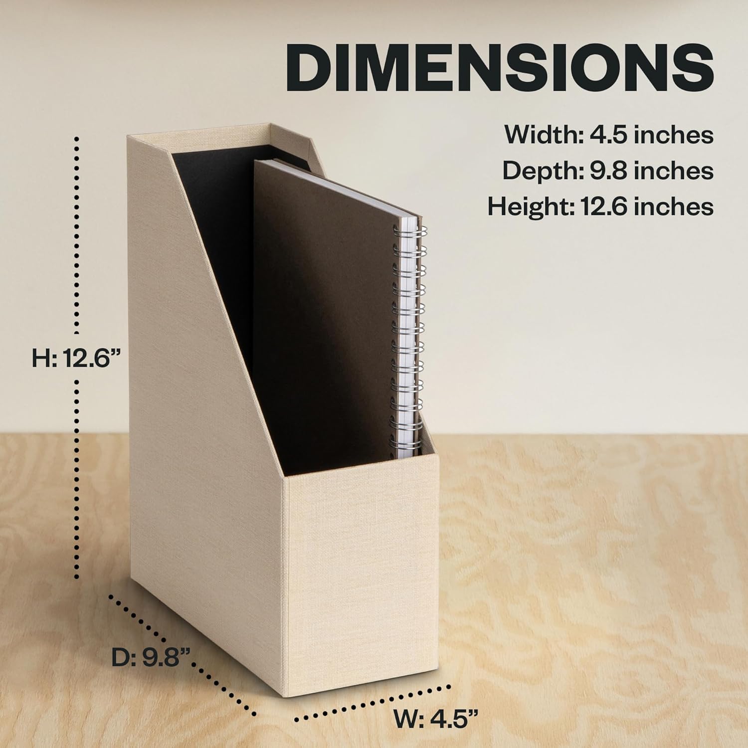 Bigso Estelle Magazine File - Magazine Holder and Organizer for Papers and Catalogs with Leather Handle - Magazine File Holder for Office Desks - 12.6 in x 4.5 in x 9.8 in - Cream