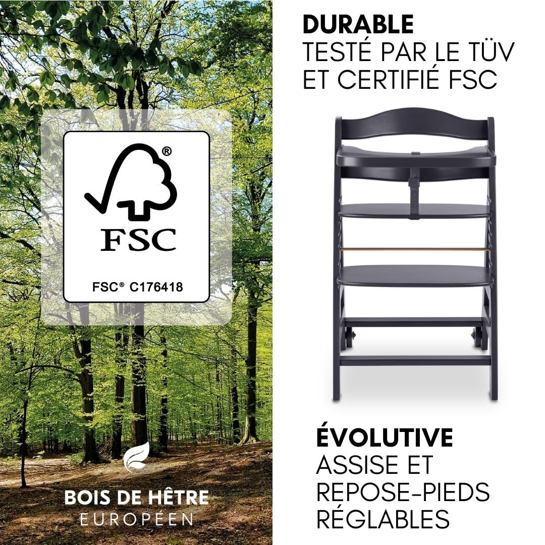 hauck Chaise Haute Bébé Beta+ avec Siège Nouveau-né Deluxe - Dark Grey | Chaise haute évolutive en bois, de la naissance à 90 kg, inclus assise avec arche éveil bébé, roues, plateau repas, coussin