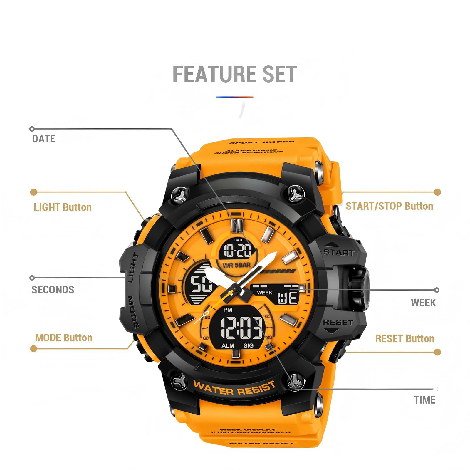 findtime Orologio militare da uomo, robusto, per attività all'aperto, analogico, con allarme doppio, 12/24H, data settimanale, cronometro bianco
