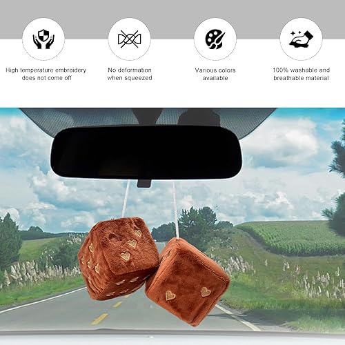 Miniatura 4 de 2 dados de felpa mullidos para espejo de automóvil, 2.75 pulgadas, retro, cuadrados, en forma de corazón, espejo retrovisor para automóvil, linda