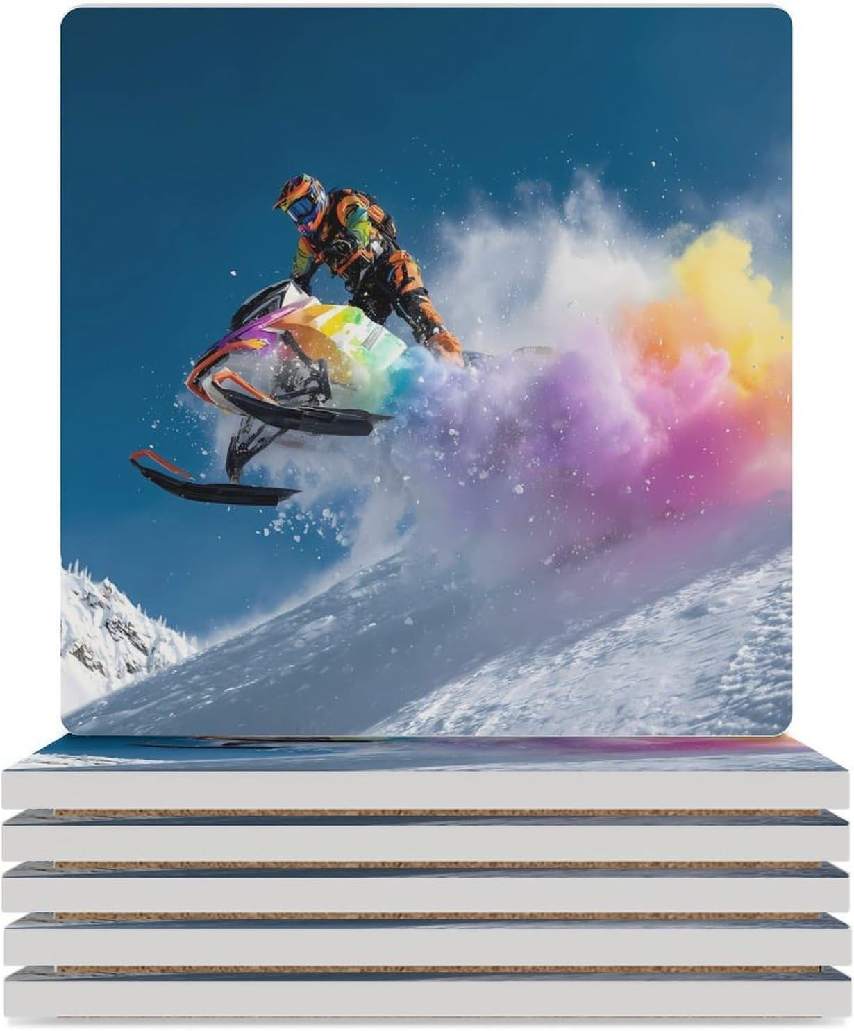 Colorful Snowmobile Player Sport Coaster for Drinks Square Ceramic Table Coasters Stone Mat Crafts 6PCS Home Kitchen Decor