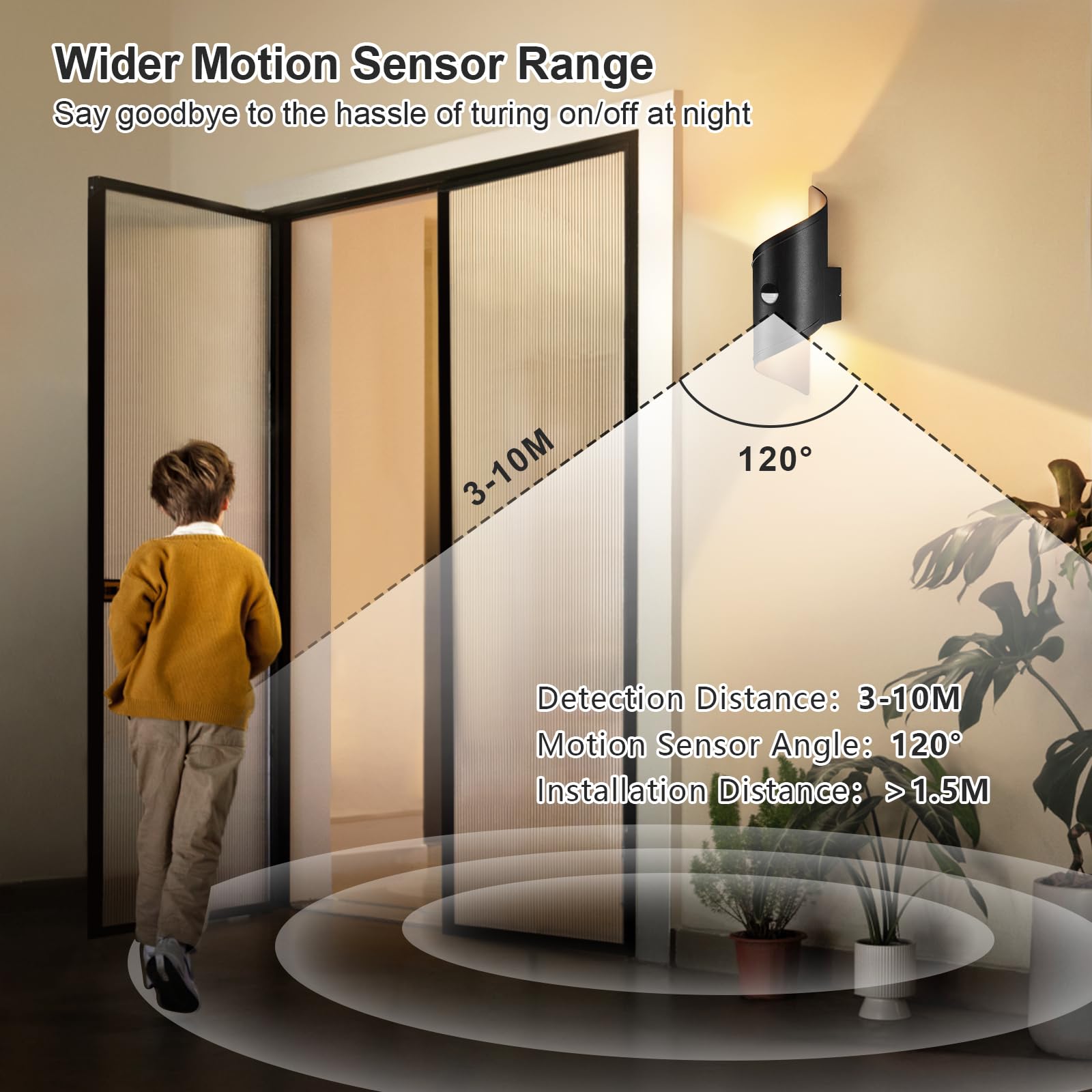 YindaLux LED Luce da Esterno con Sensore di Movimento 2 Pezzi, 14W Lampada da Parete per Interni Nera, IP65 Applique da Parete 3000K Bianco Caldo, Illuminazione da Esterno in Alluminio per Balcone