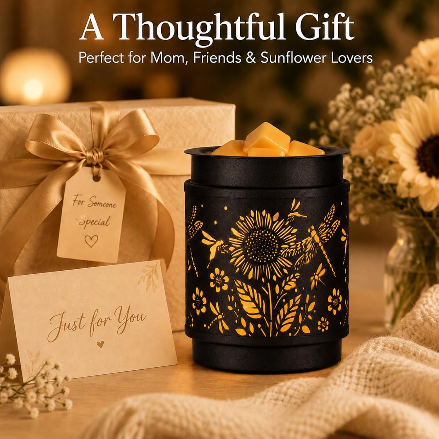 mocosa Metal Wax Melt Warmer, Electric Candle Wax Warmer for Scented Wax Melts, Stylish Metal Wax Melts Wax Cubes Burner for Home and Office Decor, Ideal Gift for Women and Girls(Sunflower)