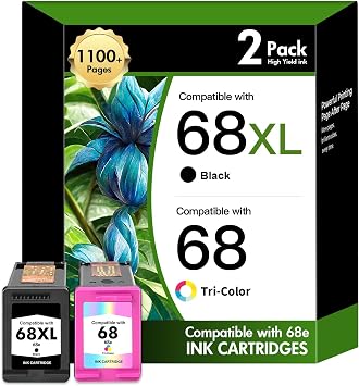 68 68XL 6100e 6500e Ink Cartridges Black and Tri Color Combo Pack for HP68XL Envy 6555e 6155e for HP Ink 68e Compatible with Envy Series Printers 6152e 6165e 6552e 6558e 2 Pack 1 Black, 1 Tri-Color