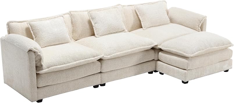112.2" Oversized Modular Sectional Sofa with Ottoman, Modern Sectional Cloud Couch with 2 Layer Cushion, L Shaped 4 Seater Couch, Boucle Couch for Living Room White