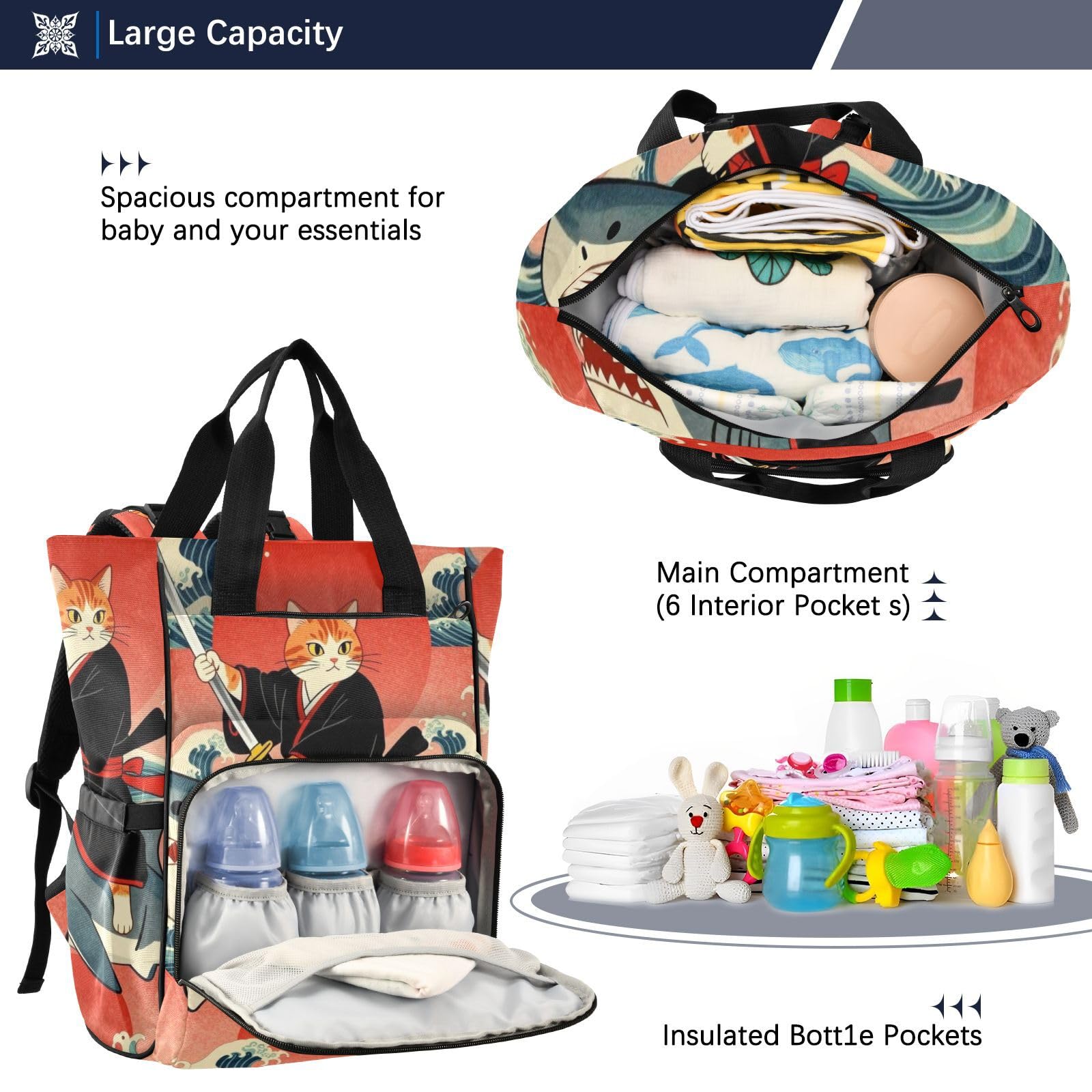 Mochila pañalera para mamás, papás, vintage, japonés, samurái, gato