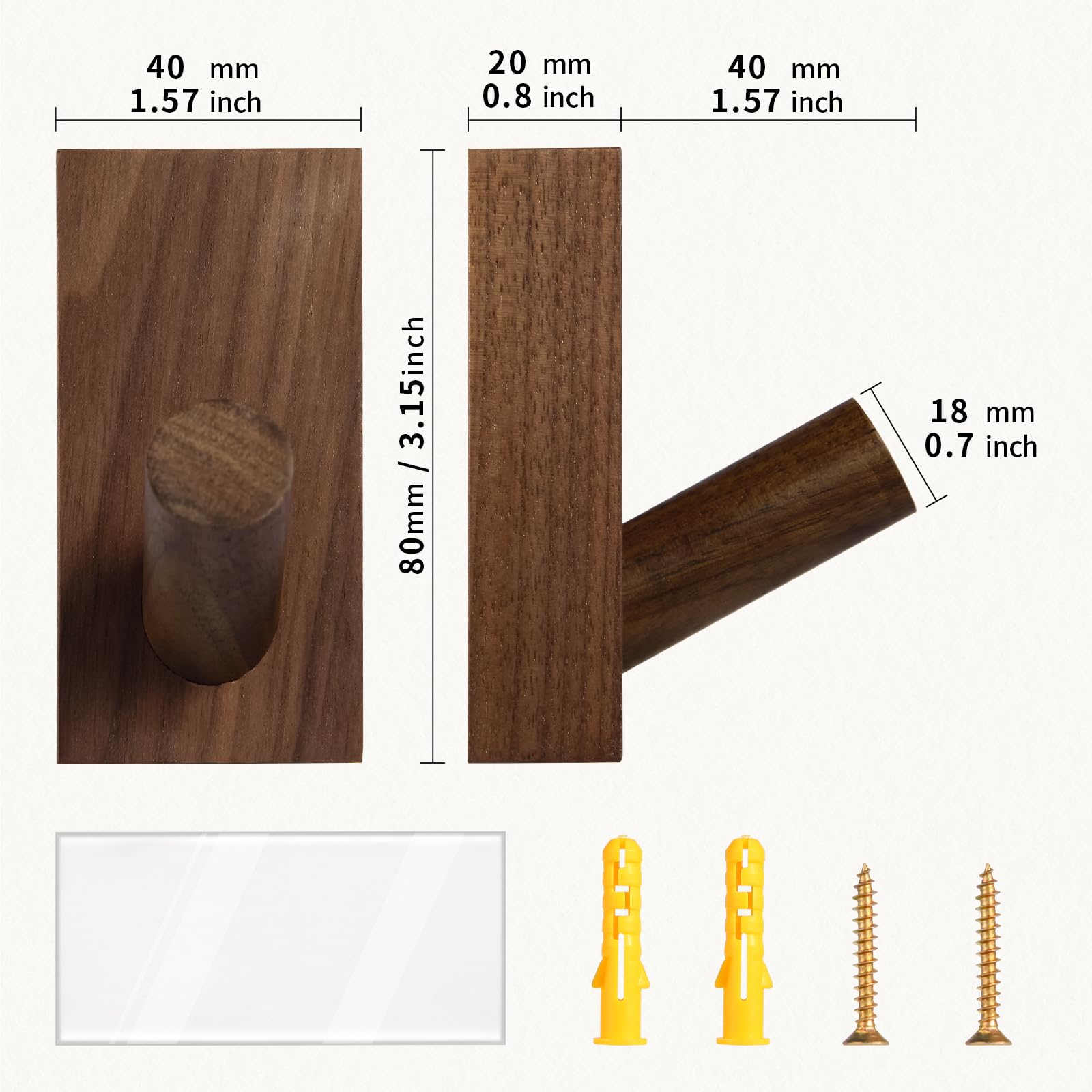 SIAMESE Ganchos de pared de madera, 4 ganchos de madera para colgar en la pared, para bata, toalla, sombrero, llaves, bolsa, ropa en la entrada, dormitorio o armario (madera de nogal)