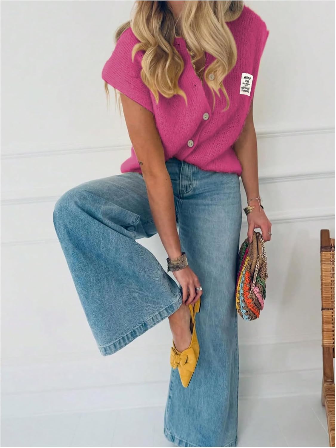 GORGLITTER Women's Short Sleeve Button Up Sweater Vest Tops Fall Cozy Casual Trendy Patched Crew Neck Knit Cardigan Top - Image 4