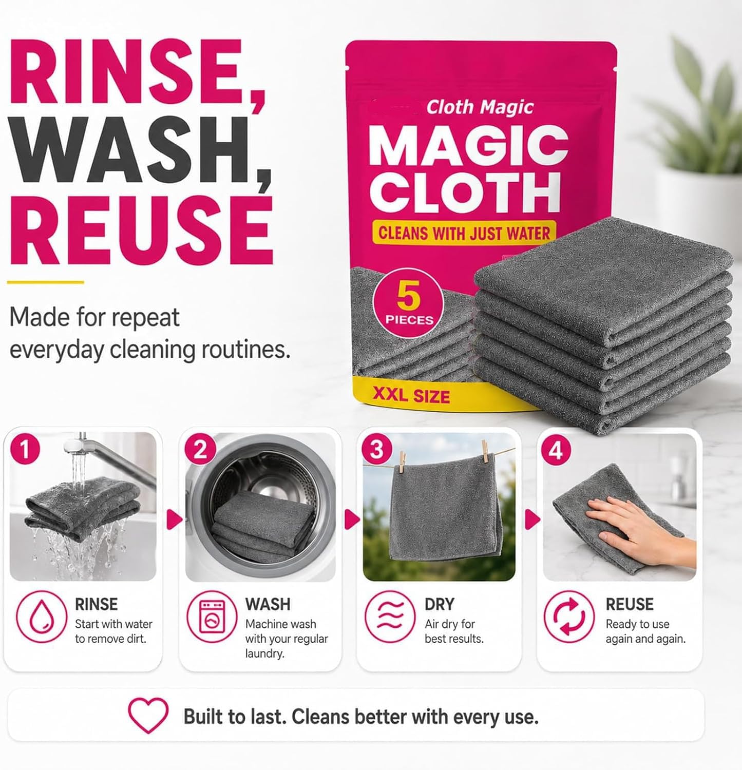 Gemie Magic Cleaning Cloth, GemieCloth Magic Cloth, Lint Free MicrofiberCleaning Cloths for Glass Screens, Cars Window, Kitchen, Reusable 1 Pack (5PCS)