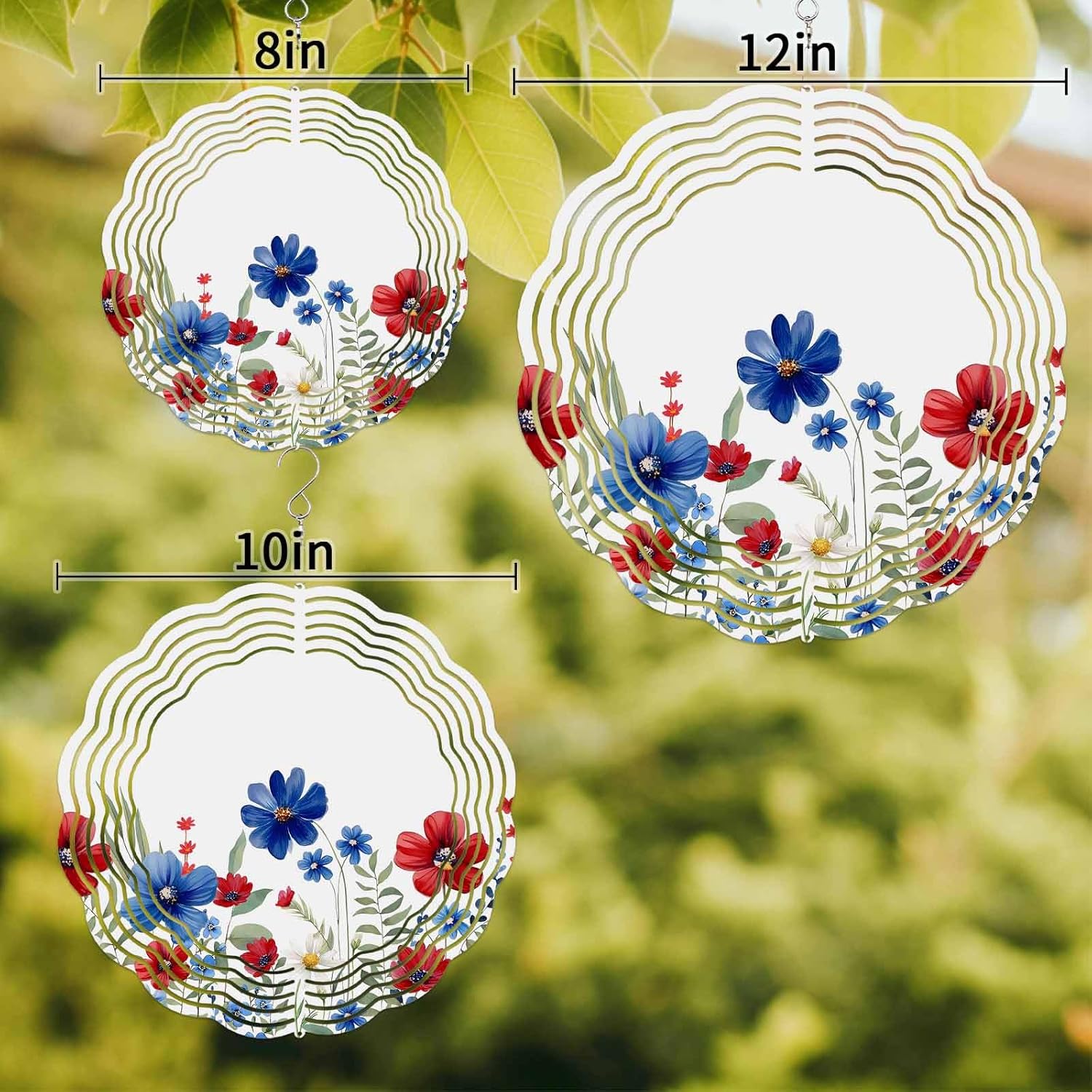 Independence Day Red Blue Flowers Wind Spinner for Garden Yard 3D Stainless Steel Hanging Wind Spinners, Patriotic Plants Spinners Outdoor Metal Decor for Lawn Patio Home