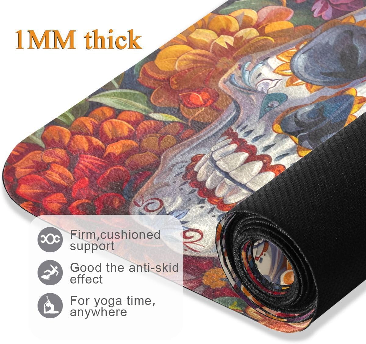 ALAZA Dia De Los Muertos Skull Flower Seamless Yoga Mat Non Slip Fitness Exercise Mat, Workout Mat for Yoga, Pilates and Floor Exercises