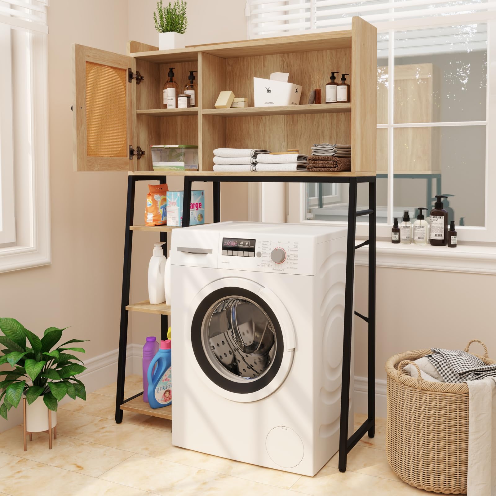COSTWAY Armoire de Rangement Au-Dessus des Toilettes, Organisateur de Salle de Bain, Meuble WC Porte en Rotin PE, Etagères de Rangement Ouvertes et Réglables, pour Buanderie, Salle de Bain