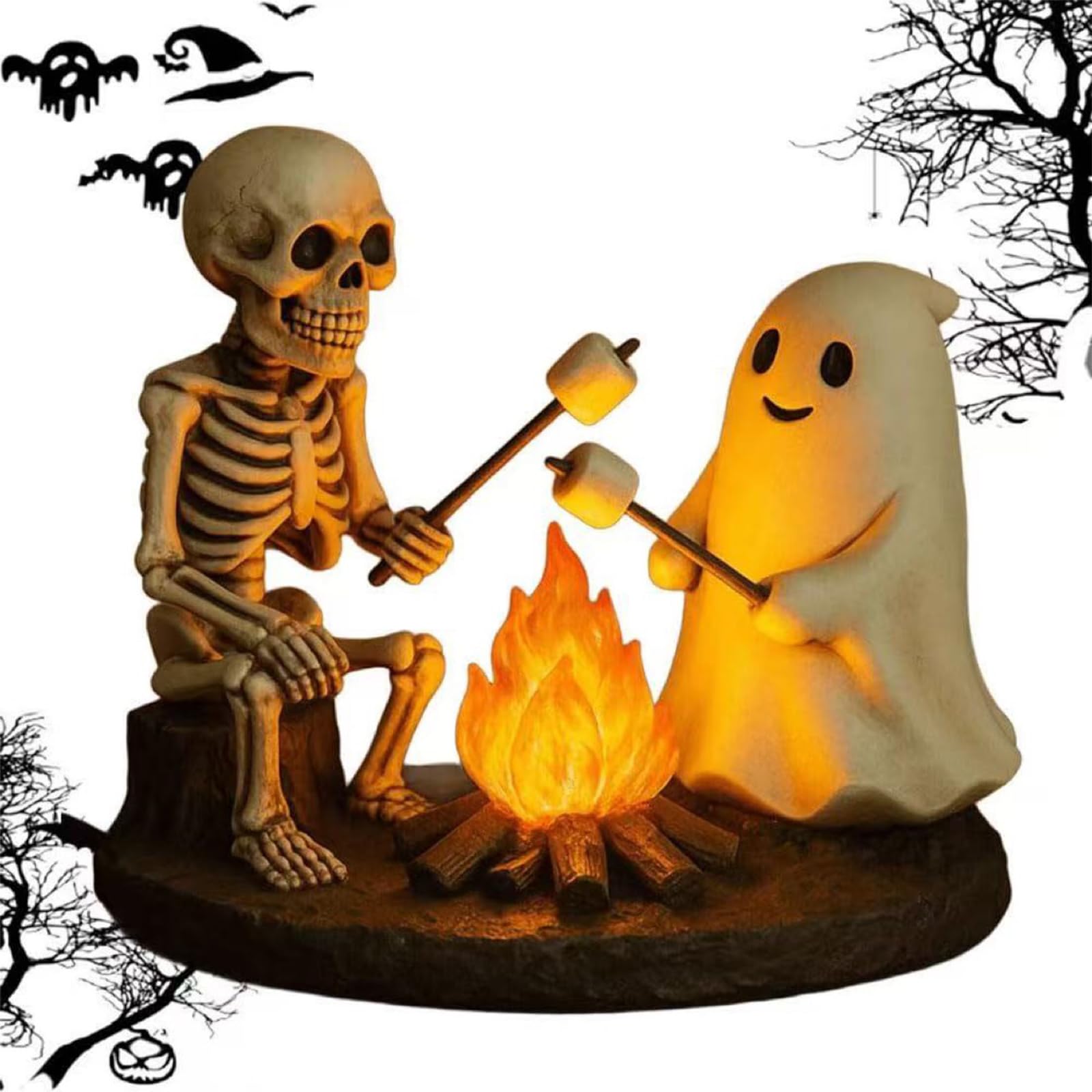 UOAESR Ghost Campfire Flickering Night Light, Halloween Candles Nightlight, Halloween Ghosts Campfire Gathering, 3D Cute Two Ghosts Roasting Marshmallows, Funny Halloween Decor (Skeleton and Ghost)