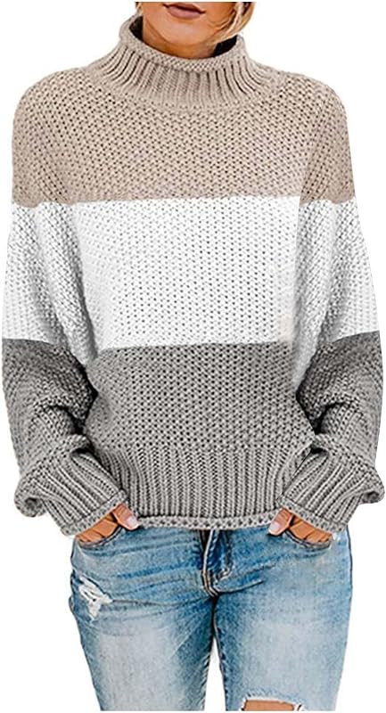 Women's Knit Color Block Sweaters Crew Neck Loose Fit Casual Sweater Tops