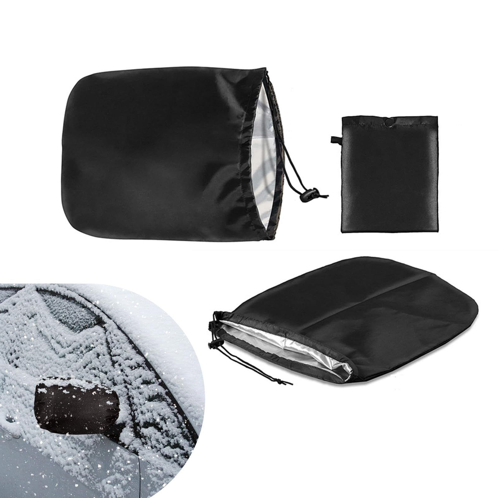 Fogfar2 PCS Car Mirror Cover, 12.99" x 10.62" 210D Silver Coated Oxford Cloth Snow Rain Cover, Universal Bungee Cord Closure Mounting Accessories, Product Compatible with Most Vehicles (Black)