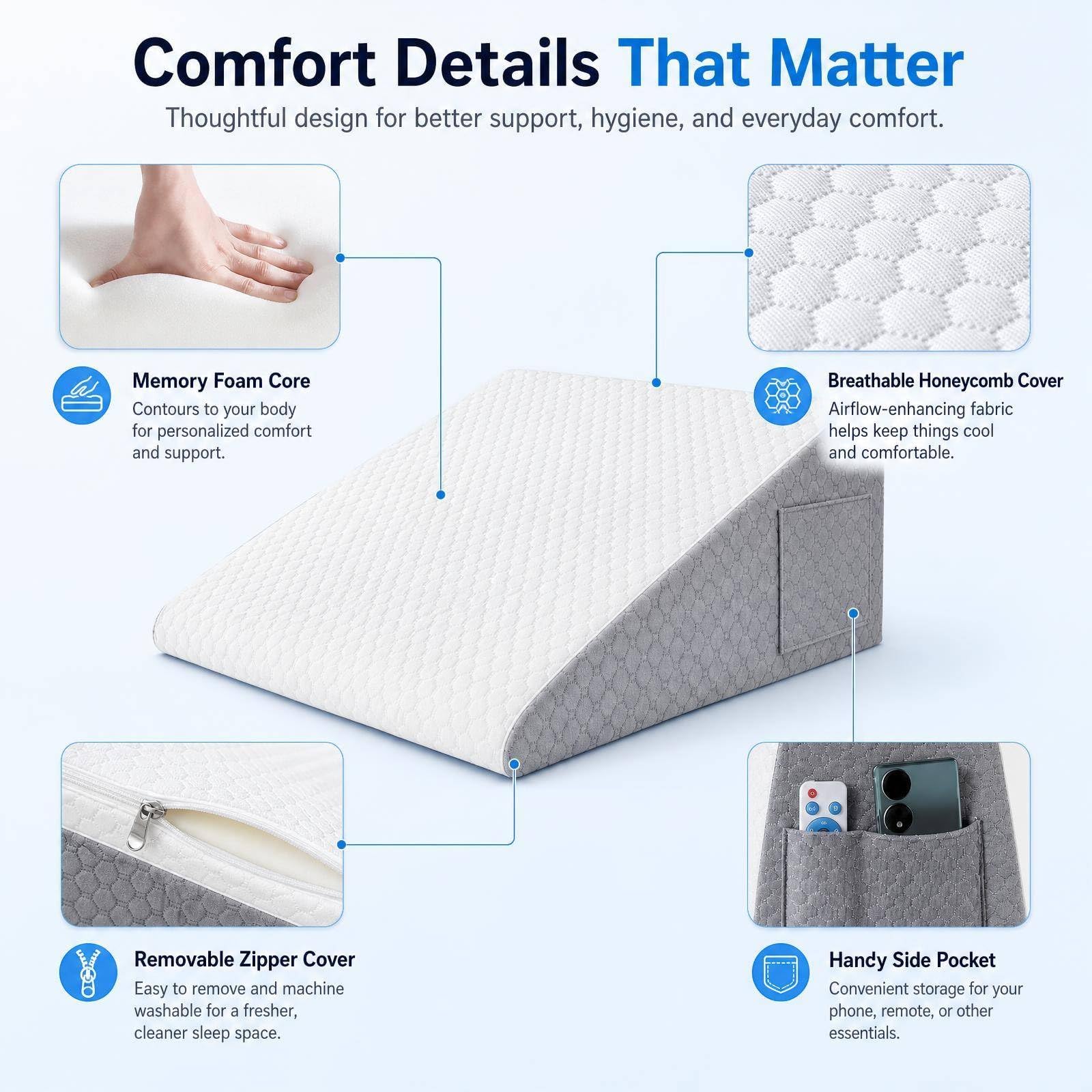 Cojín ortopédico (50 × 50 × 26 cm, Memory Foam Anti-Reflux, Alivia el Reflujo Gástrico, Lectura y Recuperación Post-Operatoria, con máscara de sueño 3D