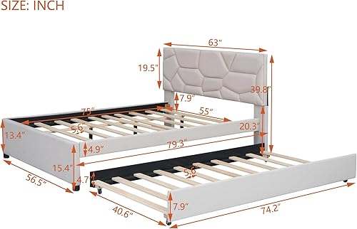 Miniatura 2 de Lifeand Cama de plataforma tapizada de tamaño matrimonial con cabecera de ladrillo y cama nido tamaño individual, tela de lino, beige