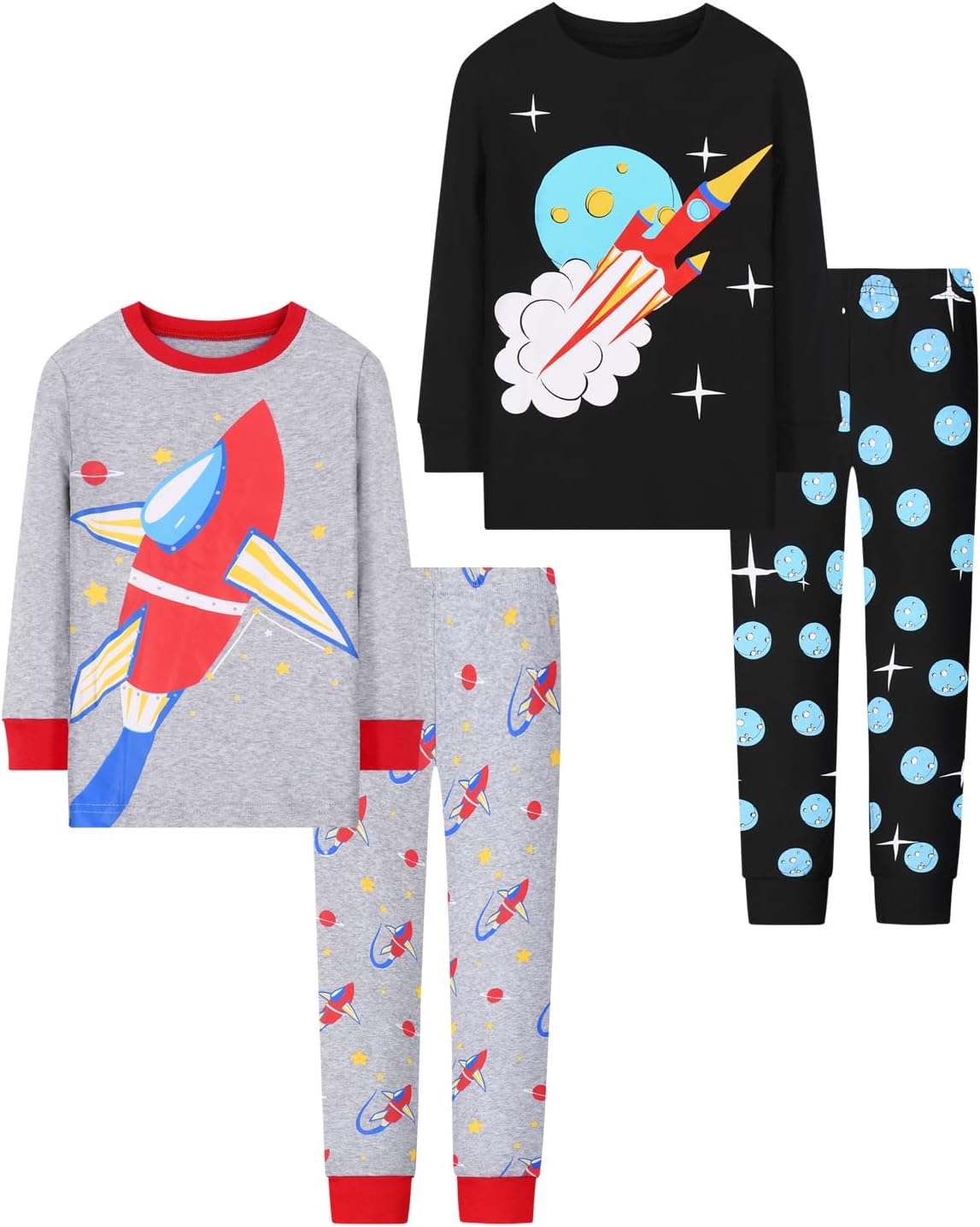 Joyond Boys' 4-Piece Snug Fit Cotton Pajama Set Size 2T-12Years, Kids Boys Long-Sleeve Clothes Top and Pants Sleepwear Sets