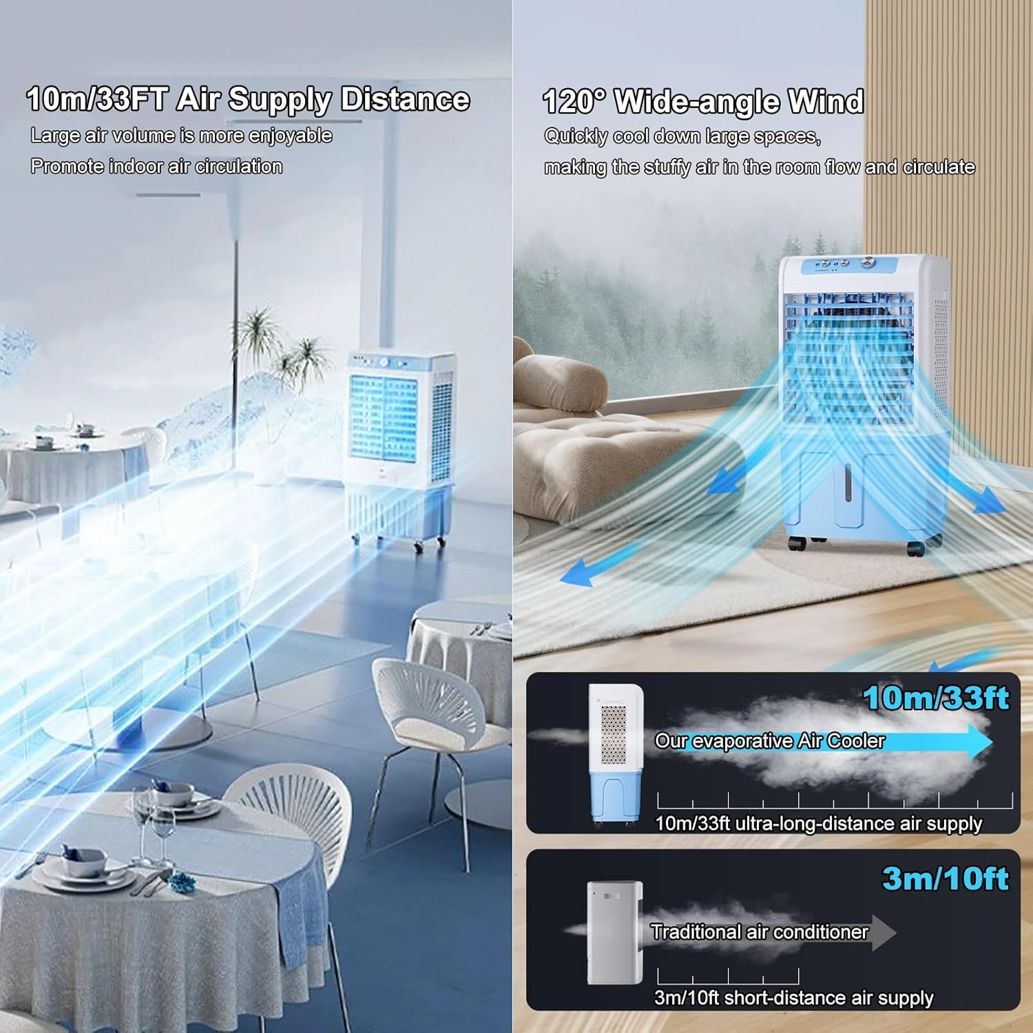 Evaporative Air Cooler, Portable 3-Speed Fan with 120° Oscillation, Large Water Tank, 6000-320000CFM for Indoor and Outdoor Use