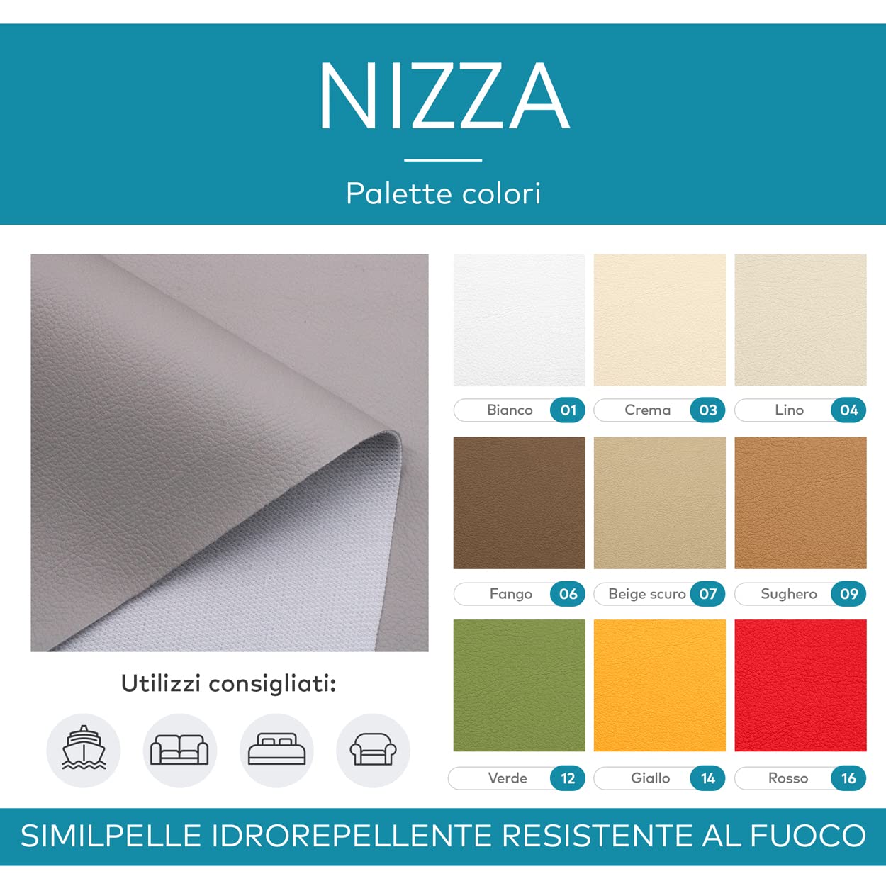DESHOME Nizza - Tessuto al metro Ecopelle Similpelle nautica Idrorepellente resistente al fuoco Stoffa per arredo barche divani, cuscini, tappezzeria - 1 metro, Fango