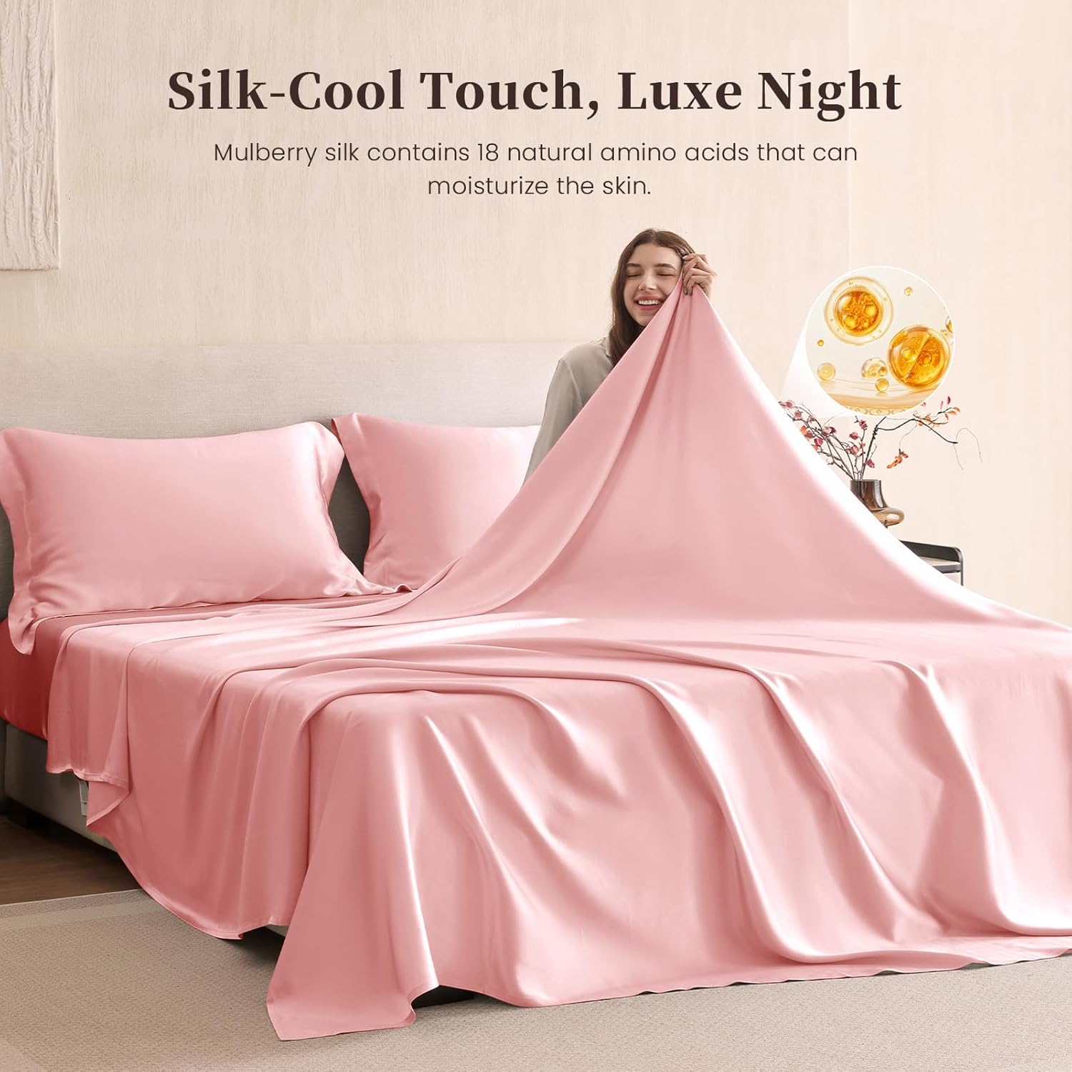 THXSILK Silk Sheet Set 4Pcs, 6A+ Top Grade 100% Natural Mulberry Silk Bed Sheets, Luxury Bedding Sets Ultra Soft Durable, 1 Fitted Sheet, 1 Flat Sheet and 2 Pillow Shams (King, Charming Pink)