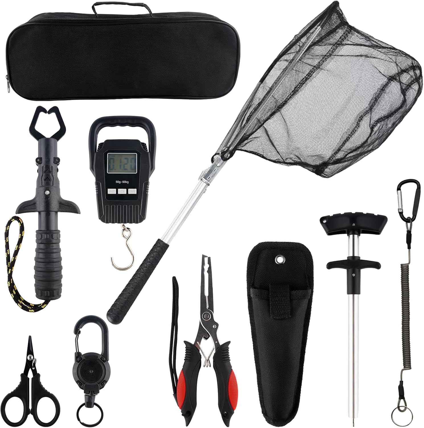 Hikary 10 Pcs Fishing Tool Kit,Folding Fishing Net Set with Storang Bag,Pliers with Lanyard and Protective Sheaths,Hook Remover,Fish Gripper,Fish Scale,Scissors for Fisherman Travel Gifts