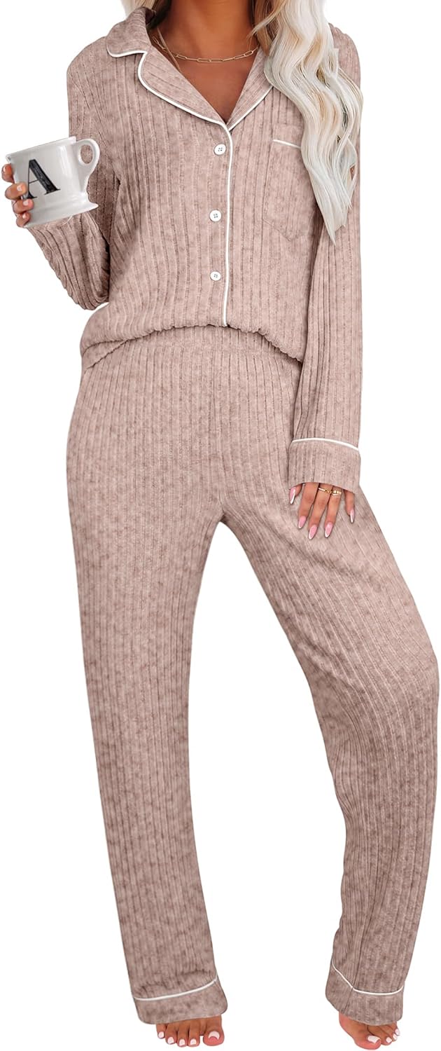 ANRABESS Women Pajama Lounge Sets 2025 Fall 2 Piece Outfits Ribbed Long Sleeve Matching PJ Set Sleepwear Loungewear