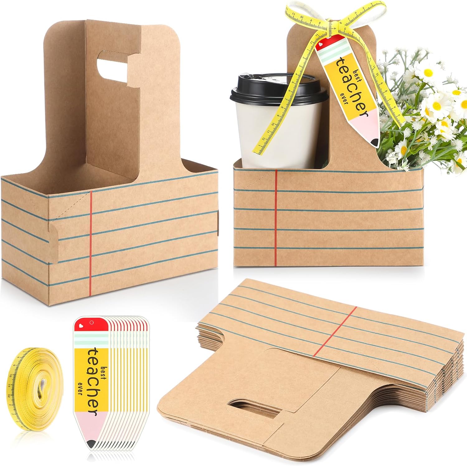 24 Set Teacher Appreciation Gifts 2 Cup Drink Carrier with Greeting Card Ribbon Disposable Cup Holders with Handle for Party Favors(Stripe,Brown)