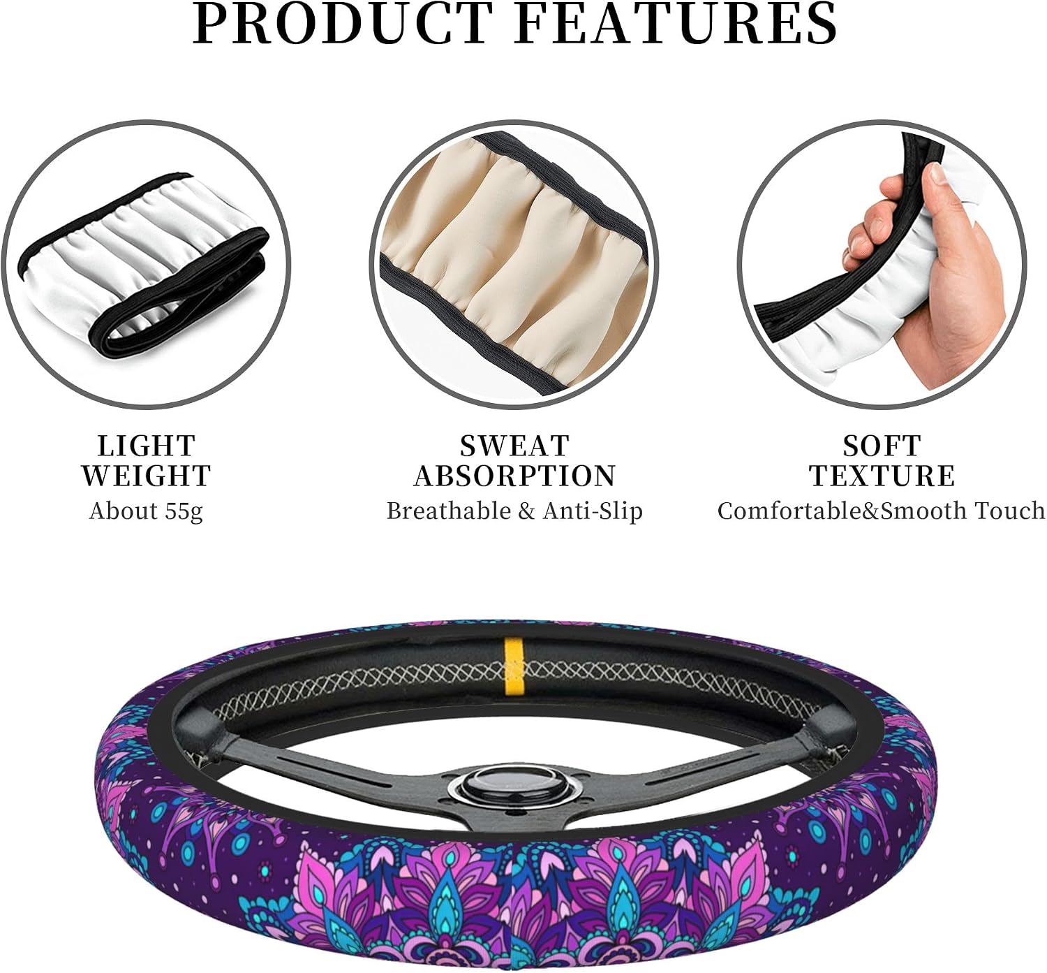 Purple Galaxy Flower Steering Wheel Cover for Women Girls Abstract Mandala Floral Universal 15 Inch Auto Neoprene Case Anti-Slip Car Wheel Protector image 3