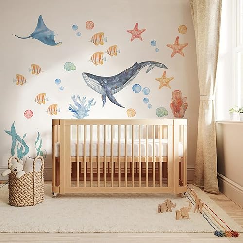 Miniatura 6 de funlife Calcomanías de pared de acuarela para despegar y pegar, calcomanías de pared de animales marinos, calcomanías de pared bajo el mar