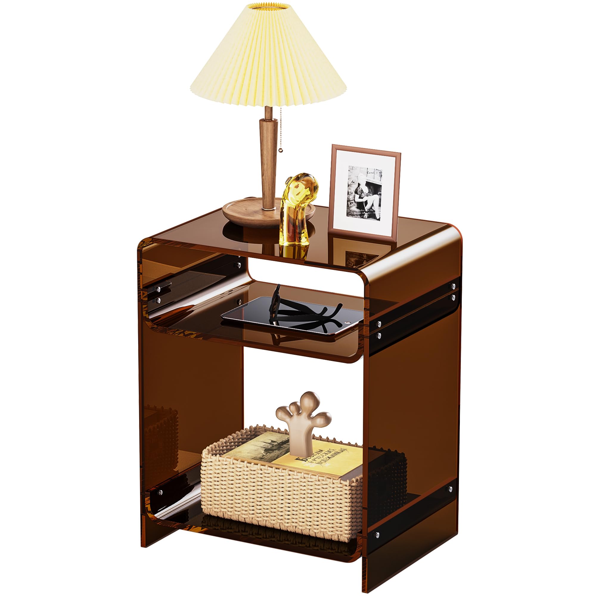 Acrylic End Table with Storage Shelf, Clear Side Table, Record Player Table, Nightstand, 15.7x19.7x11.8 (Dark Brown, 40×30×50 cm)