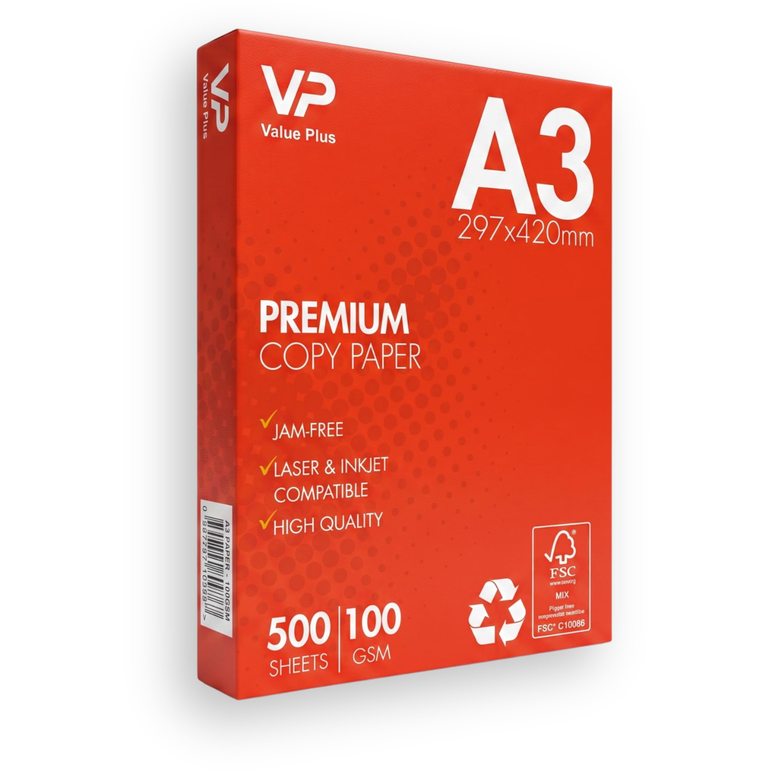 Value Plus A3 Premium Paper 100 GSM – 500 Sheets Premium White Printer & Copier Paper – Professional High-White Office Paper for Laser, Inkjet, and Copier 100gsm Office and Home High Quality Paper
