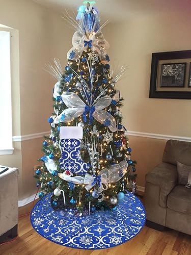 Miniatura 3 de Falda de árbol de Navidad, tapete grande de franela roja de 48 pulgadas con patrones dorados de Navidad para árbol de Navidad, decoración de fiesta