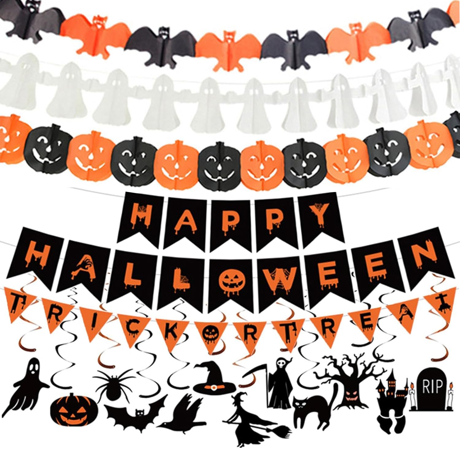 Dsliha Bunting Halloween Decoration Indoor, Halloween Banner, Hanging Party Supplies Backdrop For Home Halloween Hanging Spooky Decor Ornaments Garlands, Happy Halloween Accessories With Trick Or Treat Banner