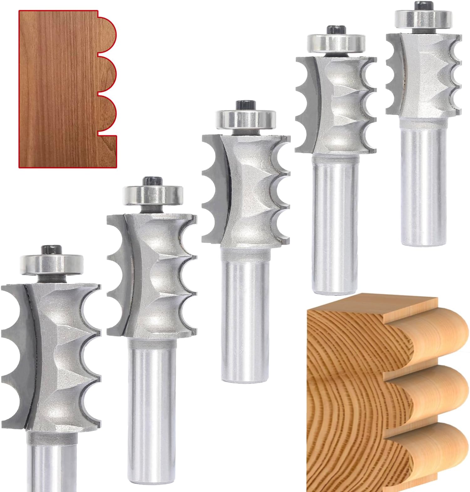 5pcs Triple Beading Router Bit Set,1/2" Shank,Radius 3/32",1/8",5/32", 5/32" and 3/16",Bearing Guided Cutters for Wood Multiple Beads Profiling,Molding,Edging