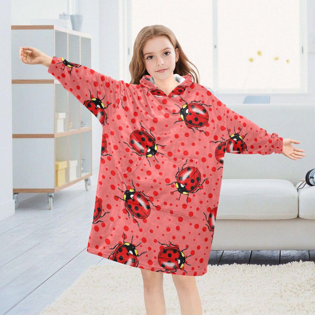 Czerwone biedronki dziecięcy koc do noszenia bluza z kapturem oversize bluza koc sweter różowy w kropki dla chłopców i dziewcząt w wieku 3-14 lat, multi, 150-170