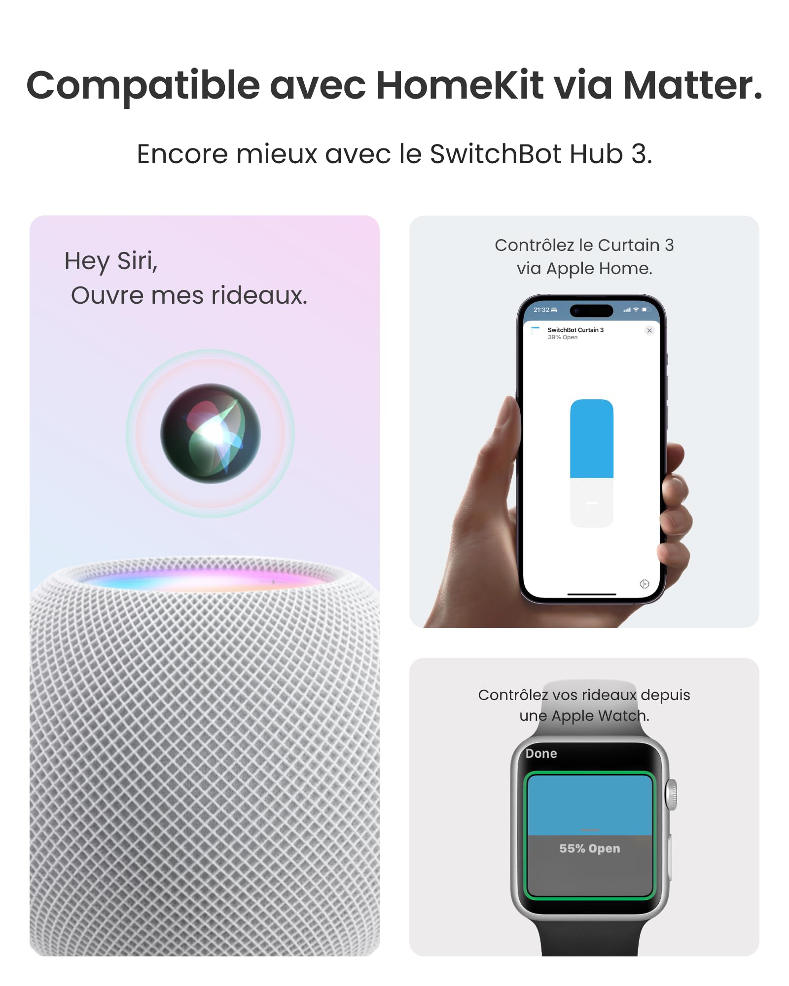 SwitchBot Poussoir de Rideau Intelligent - Télécommande Bluetooth avec App/Minuteur, Moteur Performance Amélioré, Ajoutez SwitchBot Hub pour Le Rendre Compatible avec Alexa et HomeKit(Curtain 3,Rod)